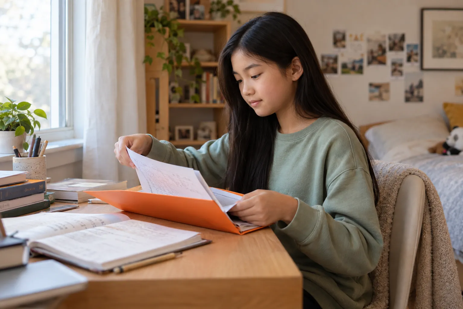 孩子整理学习笔记和作业,思考哪些学习积累希望继续保留