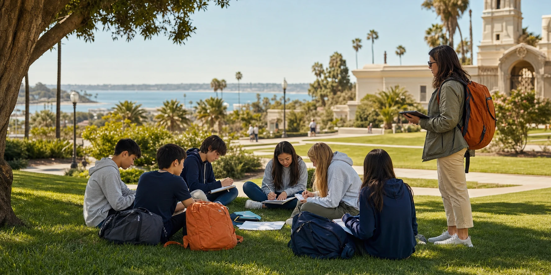 圣地亚哥青少年游学活动半径示意:UCSD 校园、La Jolla 海岸、Balboa Park、Mission Bay 等核心区域
