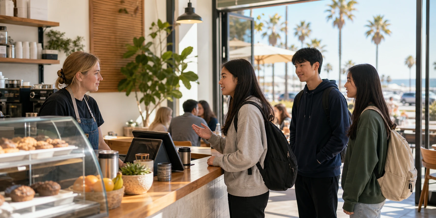 圣地亚哥咖啡店店员愿意停下来等孩子用还不熟练的英文把句子说完,节奏不催人