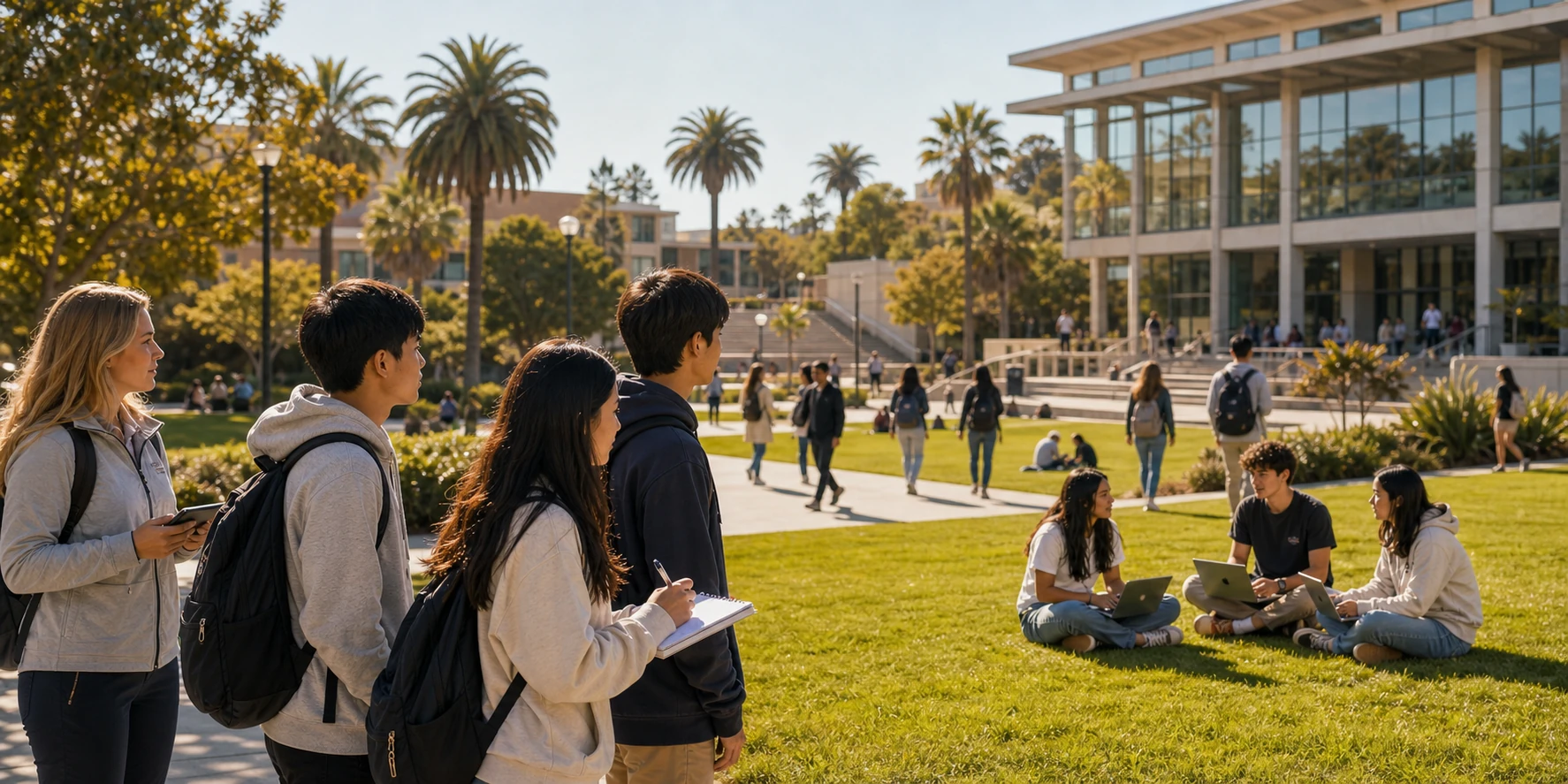 UCSD 校园没有围墙,孩子可以走进图书馆、走过教学楼、坐在草坪上看学生抱着笔记本电脑吃午饭