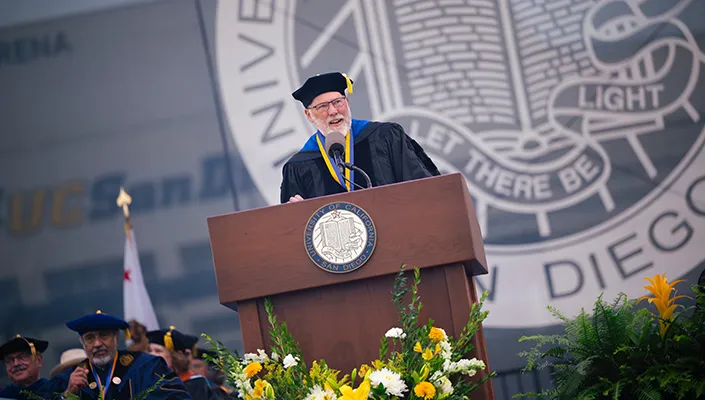 Nobel laureate and UC San Diego alumnus Fred Ramsdell speaking at All Campus Commencement