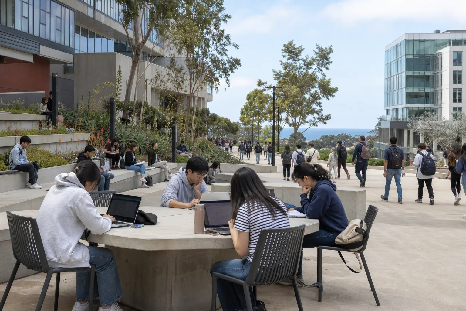 加州研究型大学的开放校园里,大学生在户外学习并往返课堂