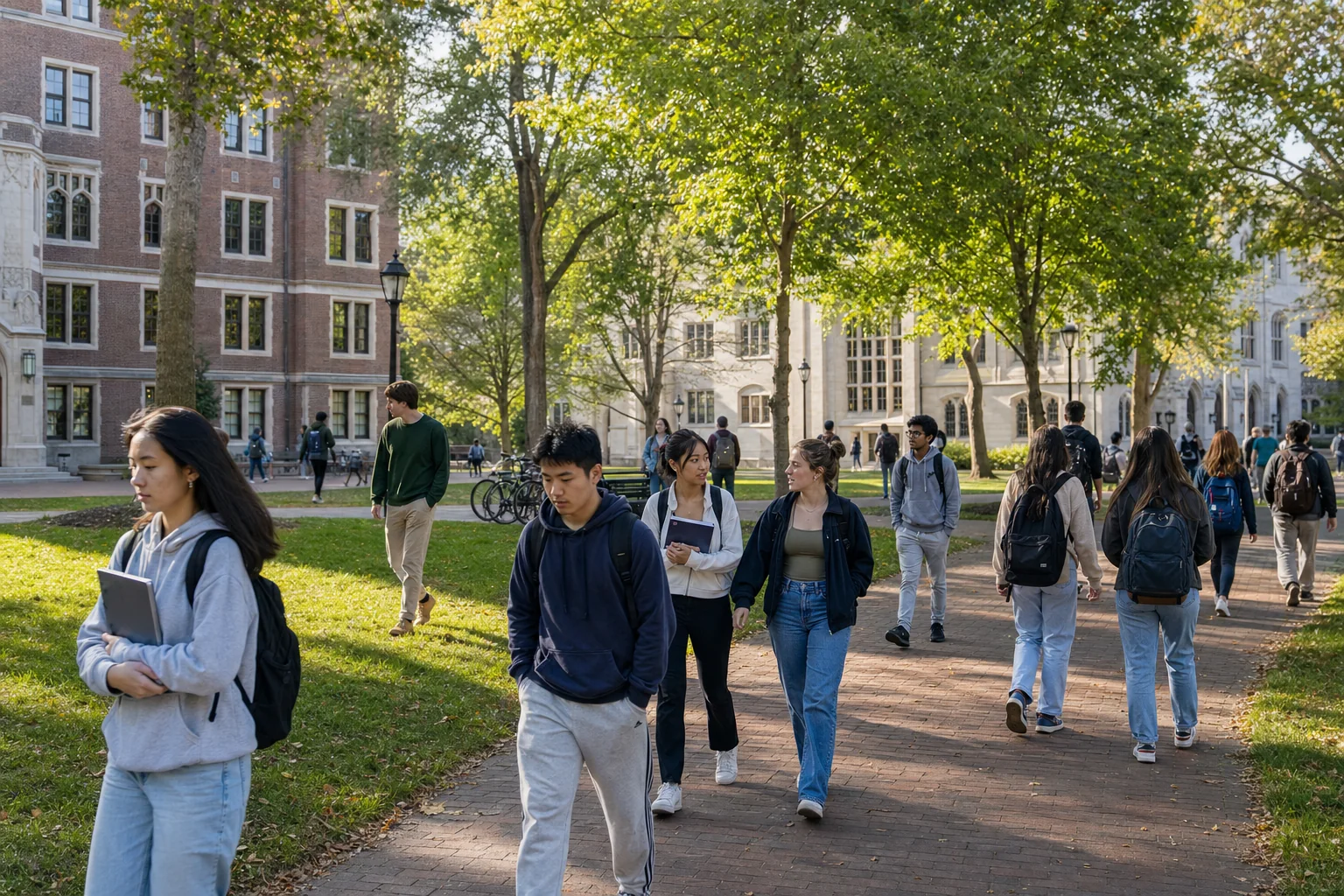 美国东海岸传统大学校园里,大学生在课间穿过教学楼和草坪